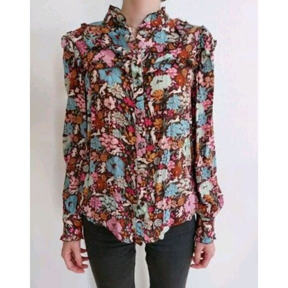 FRNCH PARIS Nude Lady Floral Button Front Ruffles Women's Size Medium Longsleeve - Picture 1 of 10